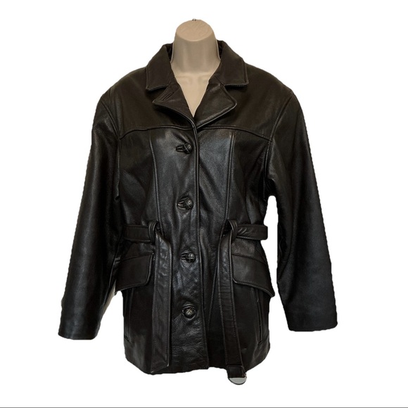 Tannery West Jackets & Blazers - Vintage TW Tannery West Womens Med Black Lined Leather Belted Jacket Hipster Y2K